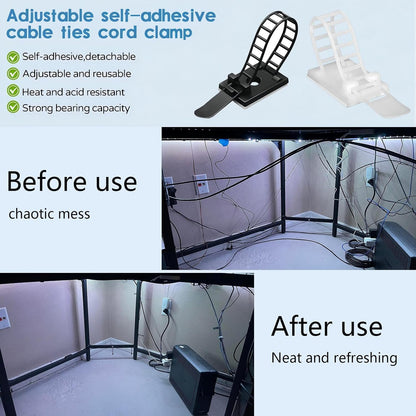 Adjustable Adhesive Cable Management Clips 50Pcs, Large self Adhesive Cable Ties Clips ，Suitable for Cable Management Under desks and on Walls (White)