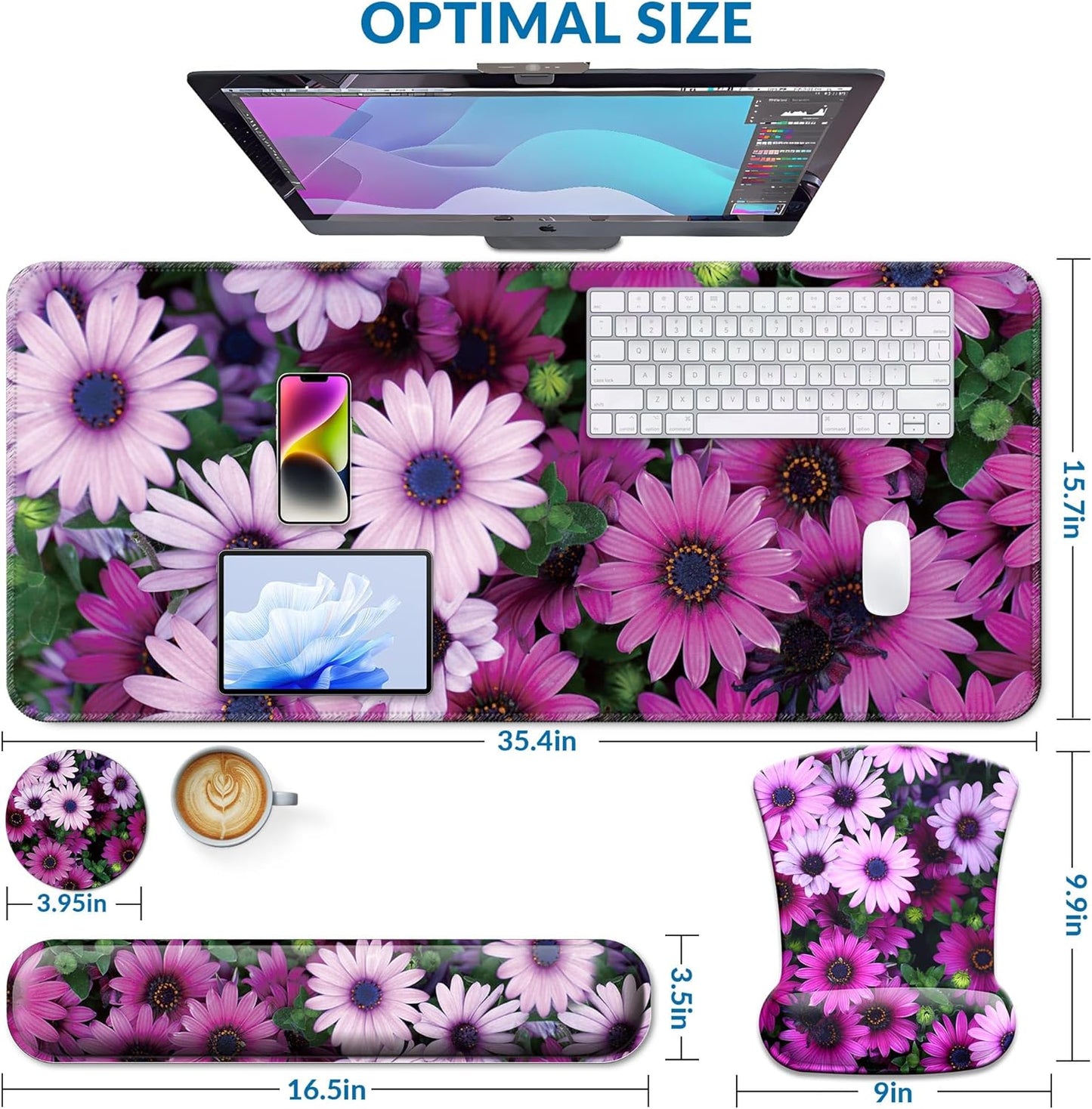 Desk Mat Set + Keyboard and Mouse Pad with Wrist Rest Support,4-in-1 Large Mousepad Computer Mats for Desktop Home & Office-Purple Butterflies