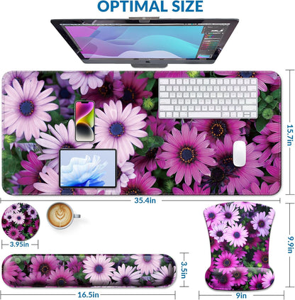 Desk Mat Set + Keyboard and Mouse Pad with Wrist Rest Support,4-in-1 Large Mousepad Computer Mats for Desktop Home & Office-Purple Butterflies