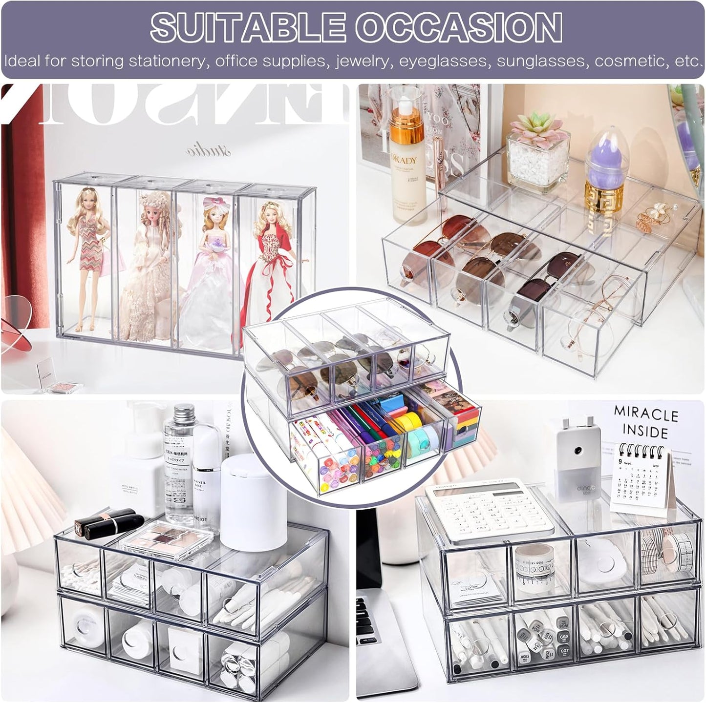 Desk Organizer with 4 Drawers, FODIENS Stackable Desktop Storage Box with Removable Drawer, Clear Sunglasses Organizer Display Case for Stationery Marker Pens Eyeglasses Office Supply
