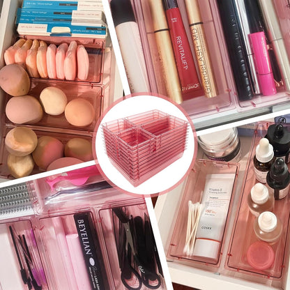 25 Pack Desk Drawer Organizer Set,Vanity and Desk Drawer Storage Bins,Clear Plastic Drawer Organizer Trays for Makeup,Office,Bathroom and Kitchen(pink)