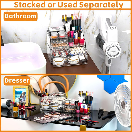 Cq acrylic Clear Make up Organizers for Vanity,Skincare Organizer With 13 Drawers for Dresser,Plastic Cute Desk Accessories Organization and Bathroom Organizers Storage Case Box for Beauty,Skin Care