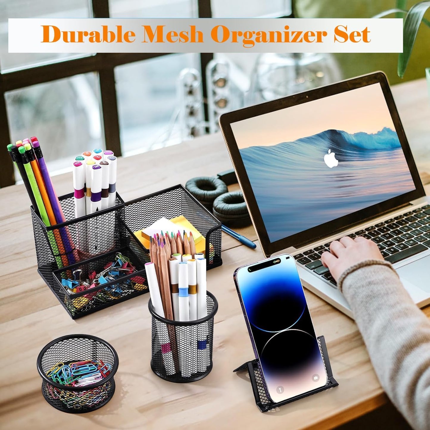 Pen Holder for Desk, Desk Organizers Set-3 Compartments Mesh Pencil Holder with Pencil Pen Cup and Paper Clip holder, Desk Accessories for Marker Craft, Ideal Office School Supplies(3 pack, Black)