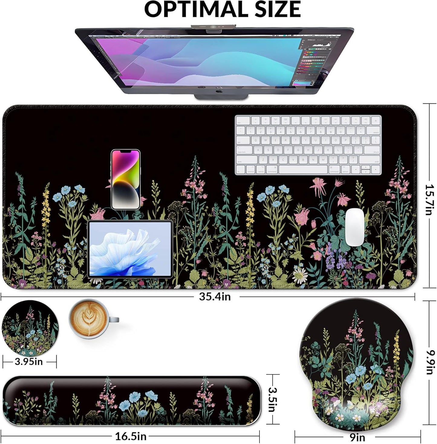 Desk Mat Set + Keyboard and Mouse Pad with Wrist Rest Support,4-in-1 Large Mousepad Computer Mats for Desktop Home & Office-Purple Butterflies