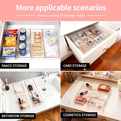4 Pack Large Size Clear Stackable Drawer Organizer Trays, Gold Rim Makeup Drawer Storage Tray Divider, Desk Storage for Makeup, Jewelry, Bathroom, Stationary, Kitchen Utensils and Office Desk