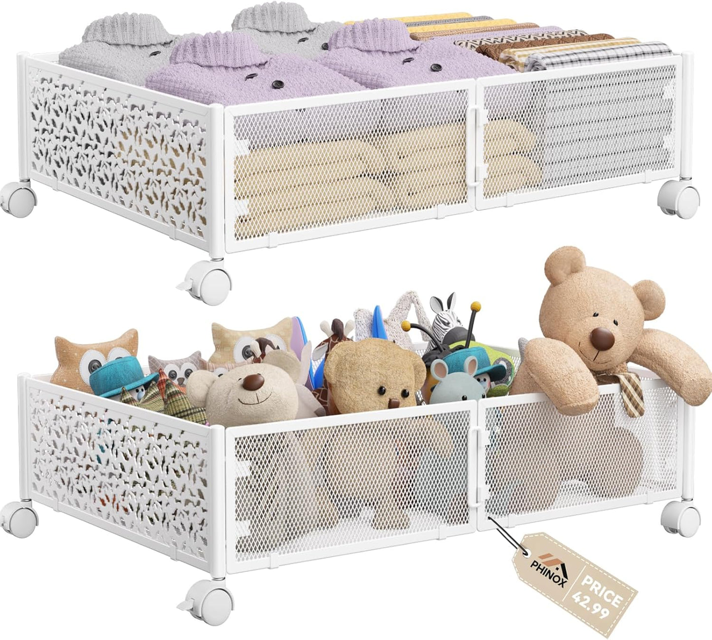 PHINOX Under Bed Storage Containers with Wheels, Under Bed Shoe Storage Organizer Drawer, Tool-free Assembly Metal Storage Containers for Bedroom Clothes Shoes Blankets -2PCK