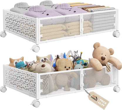 PHINOX Under Bed Storage Containers with Wheels, Under Bed Shoe Storage Organizer Drawer, Tool-free Assembly Metal Storage Containers for Bedroom Clothes Shoes Blankets -2PCK