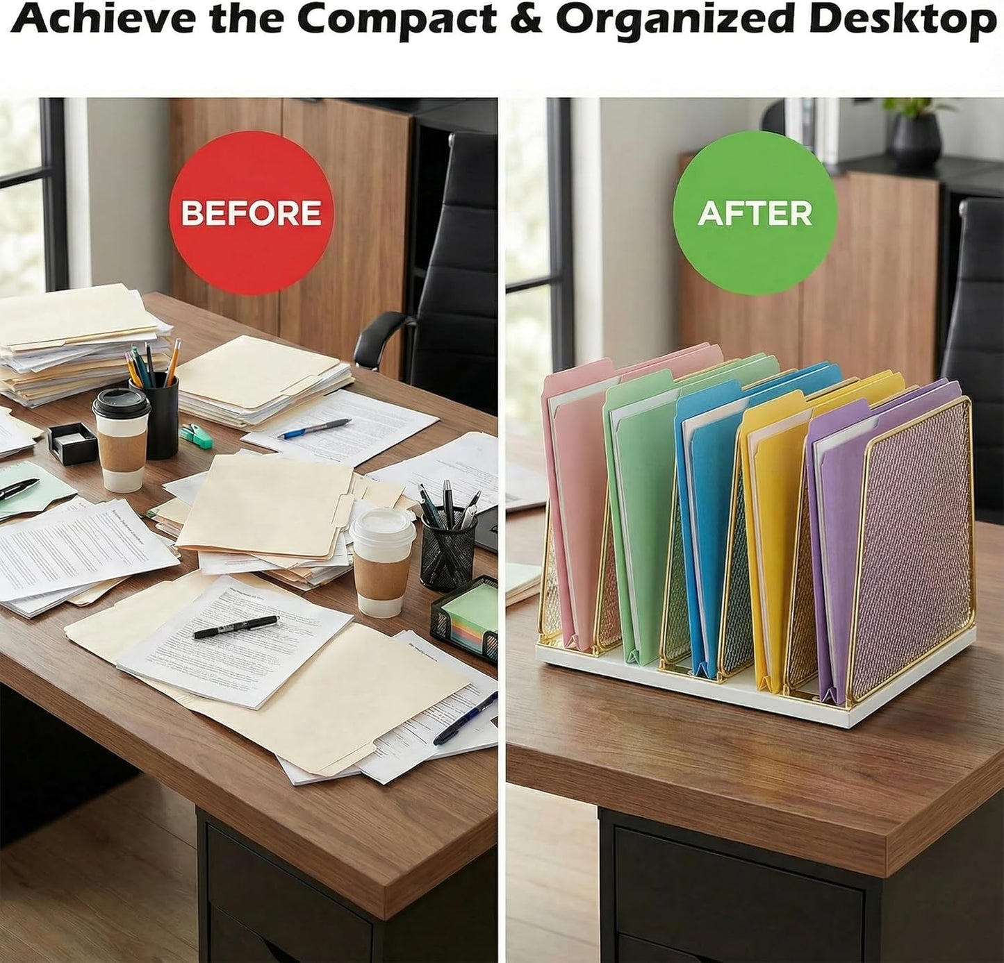 AUPSEN 5-Section Gold File Organizer for Desk, Wood Mesh Desktop File Organizer, File Sorter Storage Rack, Vertical Folder Holder for Files, Magazines, Books (Gold)