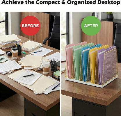 AUPSEN 5-Section Gold File Organizer for Desk, Wood Mesh Desktop File Organizer, File Sorter Storage Rack, Vertical Folder Holder for Files, Magazines, Books (Gold)