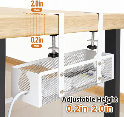 Under Desk Cable Management Tray – No Drill Metal Mesh Cord Organizer for Home Office & Standing, Adjustable Wire Organizer, Space-Saving Desk Tray (Black)
