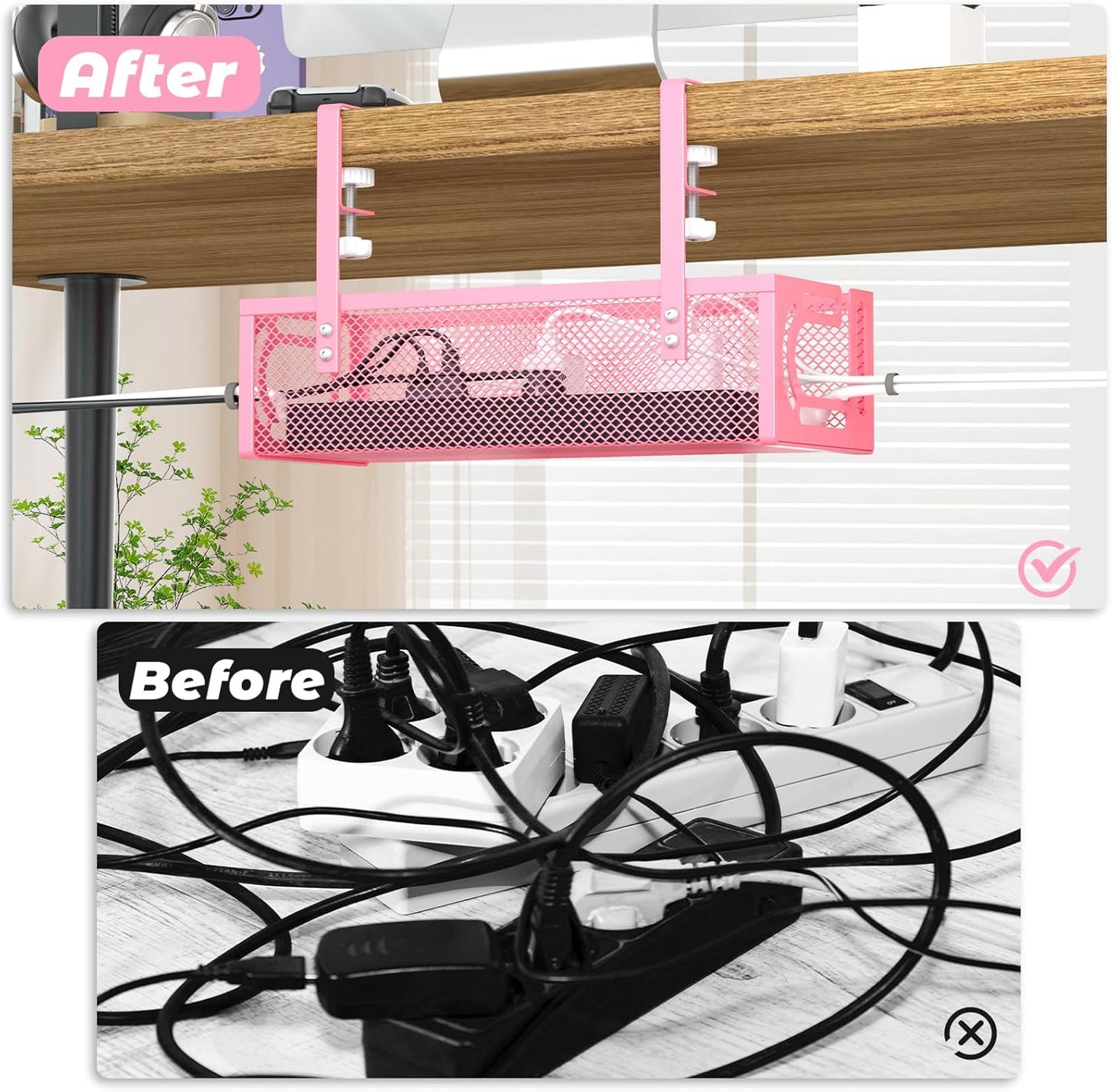 Under Desk Cable Management Tray, 15.7'' No Drill Steel Desk Cable Organizers, Wire Management Tray Cable Management Rack (1 Pack-Black)