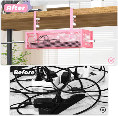 Under Desk Cable Management Tray, 15.7'' No Drill Steel Desk Cable Organizers, Wire Management Tray Cable Management Rack (1 Pack-Black)