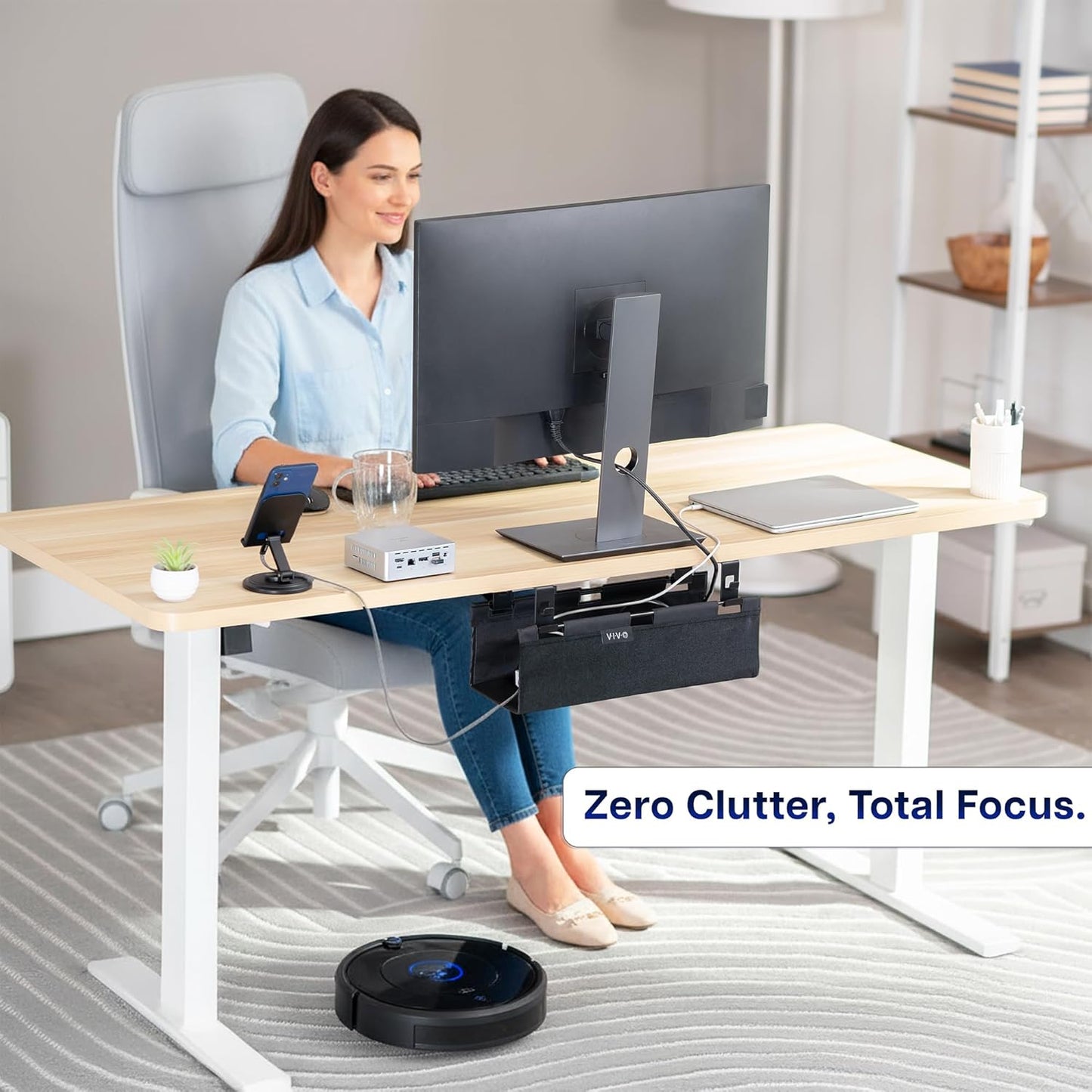 VIVO Screw-on Under Desk 47 inch Fabric Cable Management Tray, Wire Concealer, Power Strip Storage, Workspace Organization, Easy Fold Down Access, Black, DESK-AC47F-S