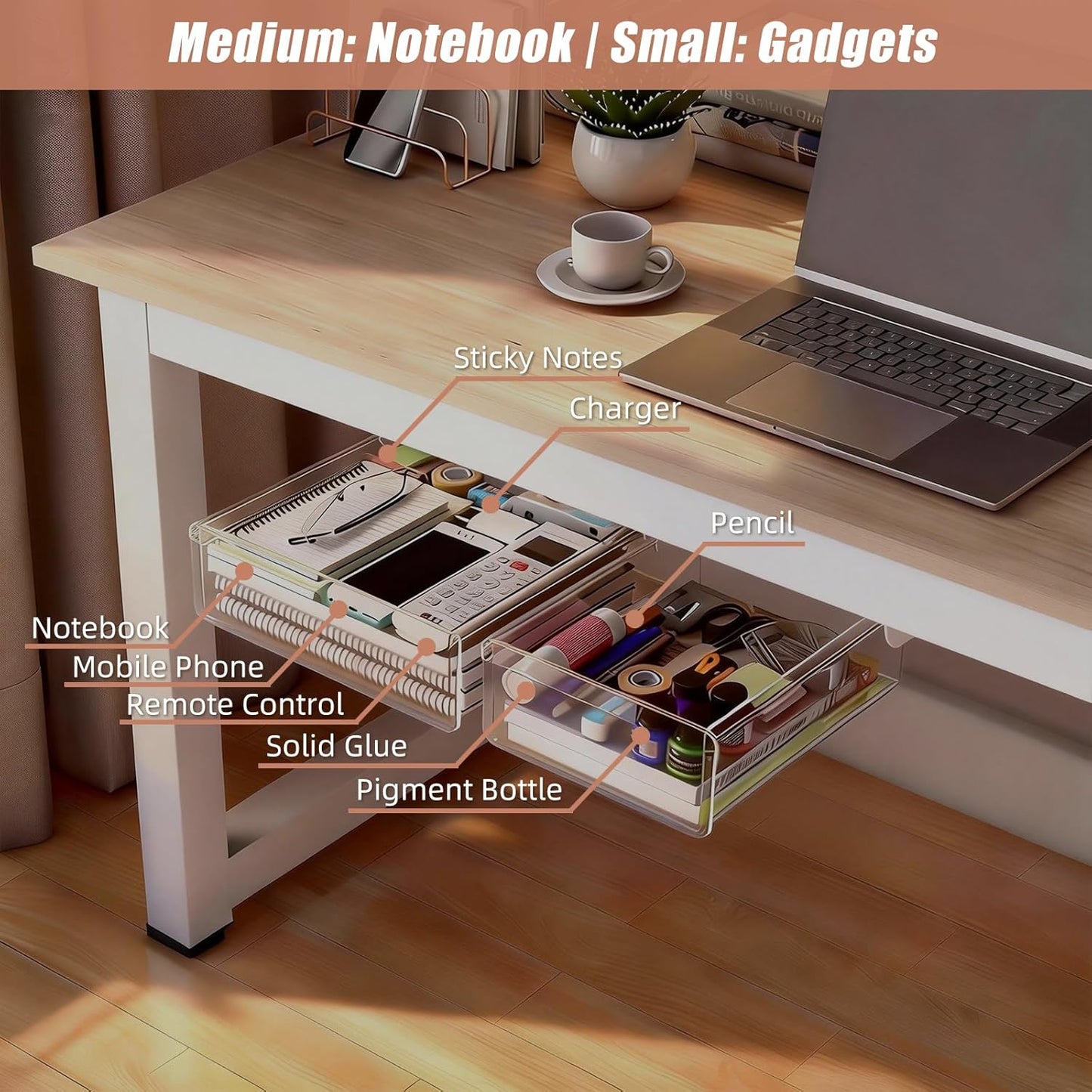 TooCust 3 Pack Under Desk Drawer Slide Out Storage Organizer, Clear White 3 Sizes (S/M/L), Dual-Mount Hidden Table Tray for Tablets, Planners & Office Supplies