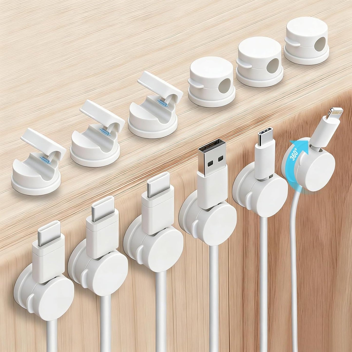 OneLeaf 12 Pack 360° Rotatable Spring Cable Clips[1s Lock], Adhesive Cord Holder for Nightstand, Phone Charger Cord Holder for Desk Home Office Car Game Station