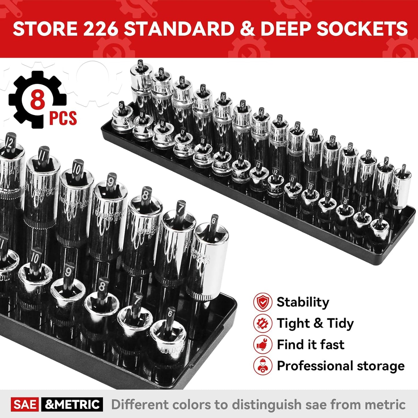 AIUITIO 6PCS Socket Organizer Tray Set, Red SAE & Black Metric Socket Storage Trays, 1/4-Inch, 3/8-Inch & 1/2-Inch Drive Deep and Shallow Socket Holders for Toolboxes