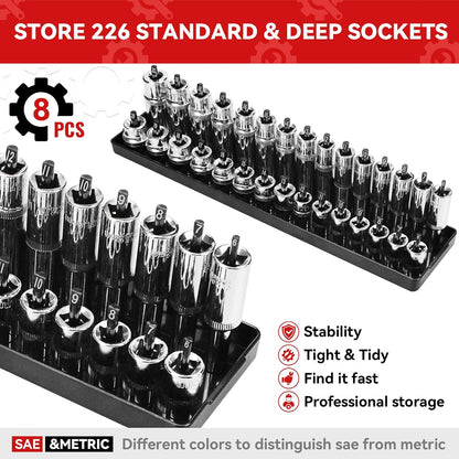 AIUITIO 6PCS Socket Organizer Tray Set, Red SAE & Black Metric Socket Storage Trays, 1/4-Inch, 3/8-Inch & 1/2-Inch Drive Deep and Shallow Socket Holders for Toolboxes