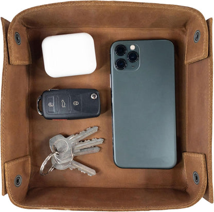 Hide & Drink, Leather Catchall Tray, Easy Access Organizer for Keys, Coins, Change, Jewelry, Watches, Smartphones, Durable, Vintage Style, Handmade :: Bourbon Brown