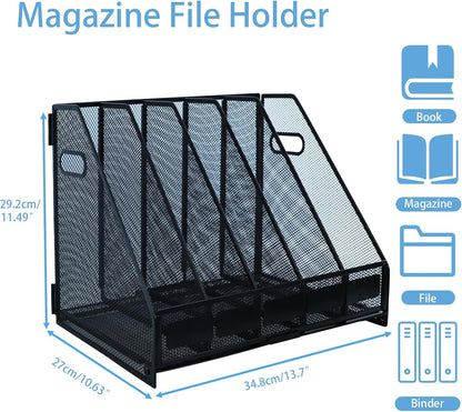 Desk Organizers Metal Magazine File Holder Racks Desktop Folder Storage Binder Organiser Document Organization for Home Office & Classroom,5 Vertical Compartments