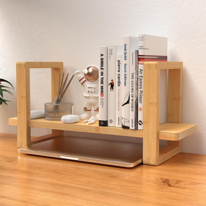 Small Adjustable Desk Bookshelf Organizer – Open Bookend Shelf Flexible to Fit as Much or as Little with Slide-in Joints | Portable, Reversible for Class, Dorm, Home Office | Bamboo