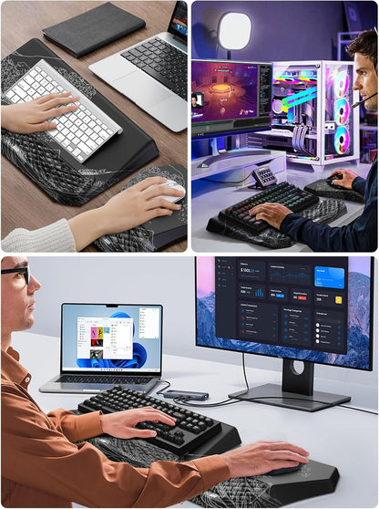 3-in-1 Ergonomic Keyboard Stand with Wrist Rest & Mouse Pad Set, Comfy Keyboard Riser Holder Soft Mousepad with Massage Design, Memory Foam and Non-Slip PU Base for Pain Relief, Black