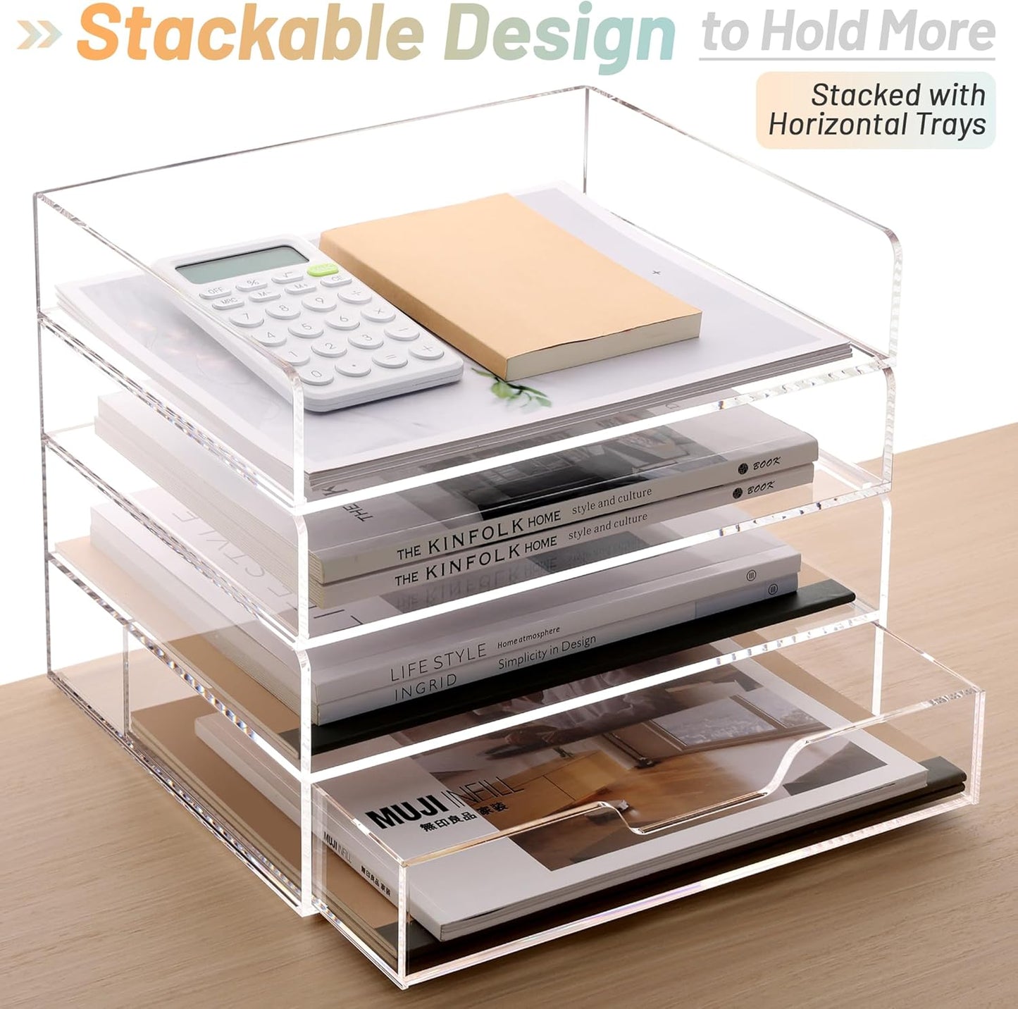 SANRUI Paper Organizer for Desk,Acrylic Stackable Letter Tray, Clear Desk Organizer, Paper Sorter for Office,Home or School,2-Pack