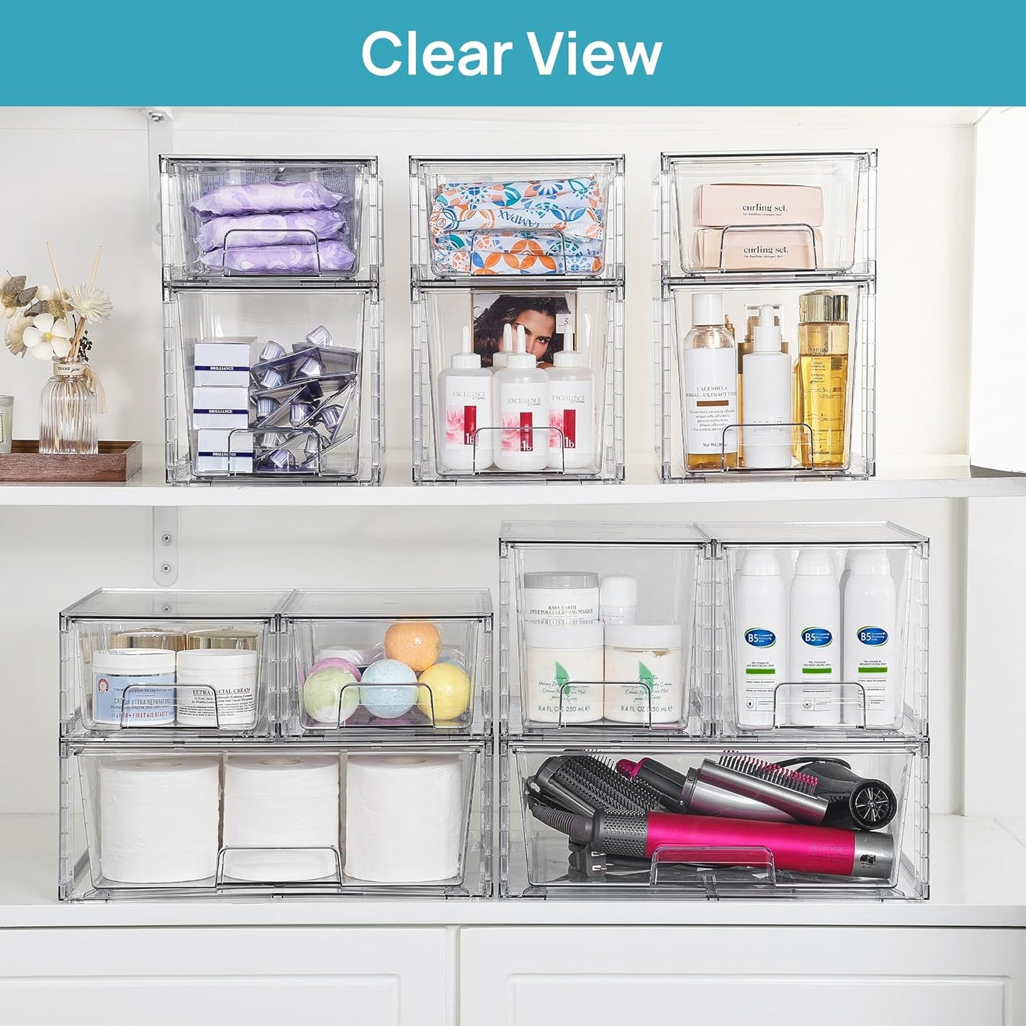 Vtopmart 3 Pack Stackable Storage Drawers, Easily Assemble Acrylic Bathroom Undersink Organizers,Clear Plastic Storage Bins for Closet,Cabinet,Pantry,Medicine Organization
