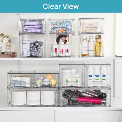 Vtopmart 3 Pack Stackable Storage Drawers, Easily Assemble Acrylic Bathroom Undersink Organizers,Clear Plastic Storage Bins for Closet,Cabinet,Pantry,Medicine Organization