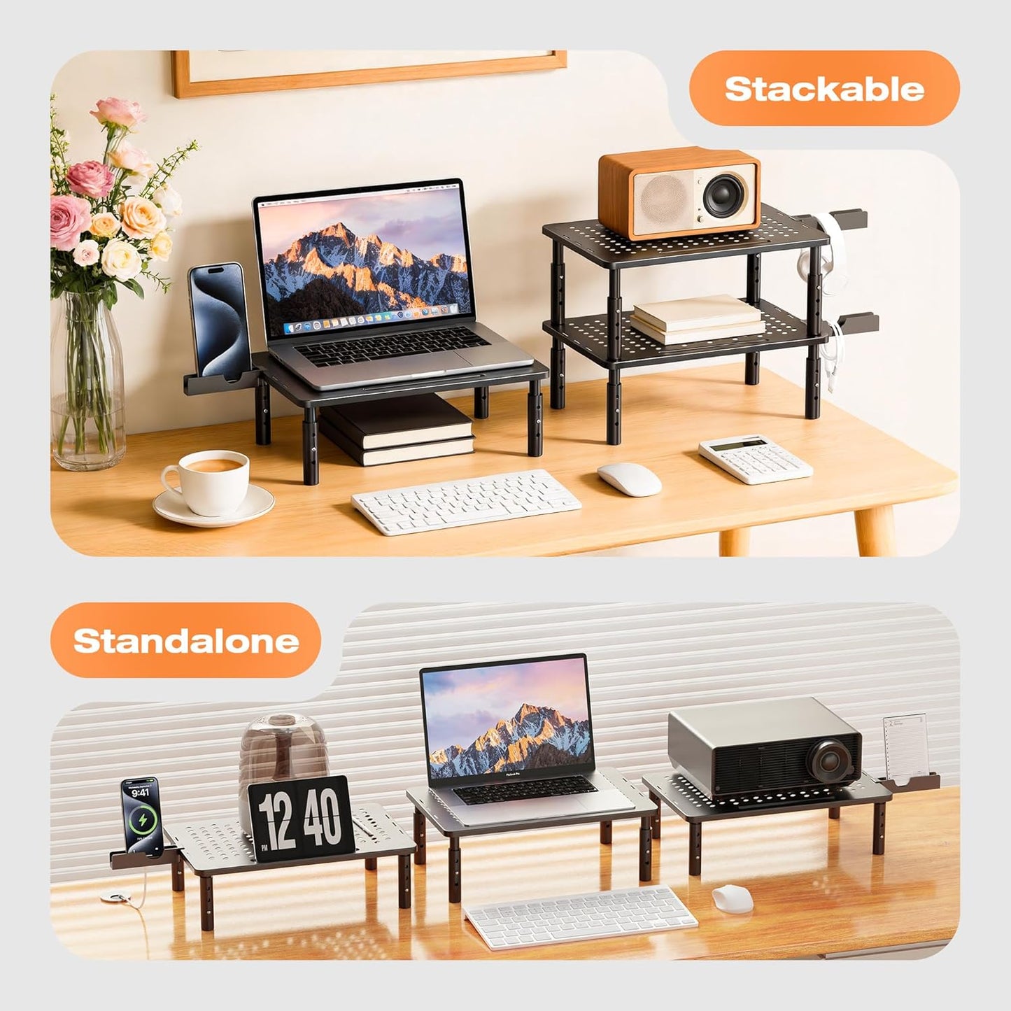 Computer Monitor Stand Riser for Desk, 3 Height Adjustable PC Laptop TV Desktop Monitor Stand Shelf, Metal Printer Table with Phone Holder, Stand Riser for Desk, Office Desk Organizers and Accessories, 2 Pack