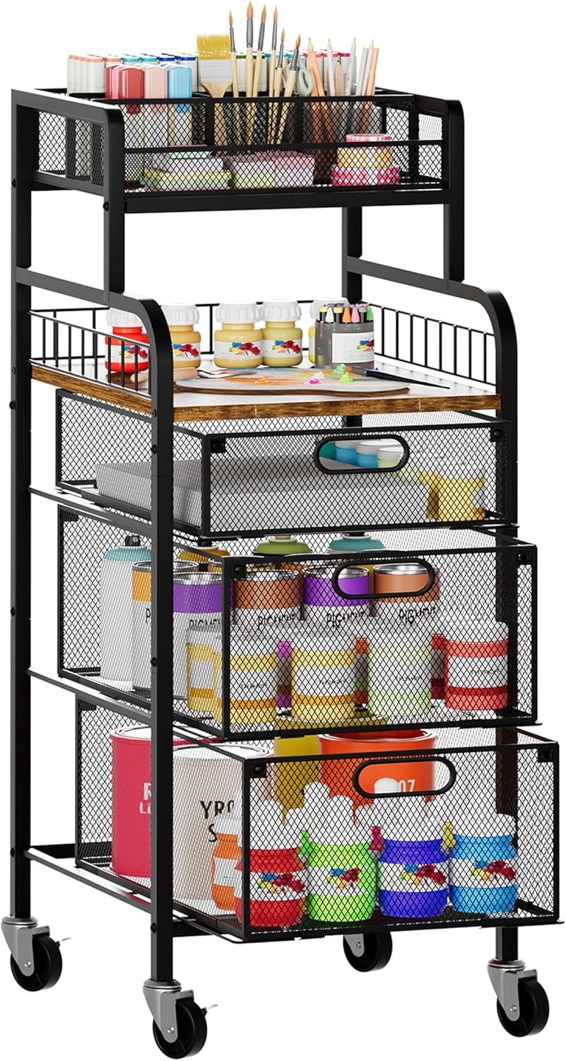 SWTYMIKI Rolling Cart with Drawers - Metal Utility Cart with Wood Shelf, DIY Divider and Locking Wheels, Craft & Art Cart Organizer for Under Desk Storage for Home Office Studio, Espresso