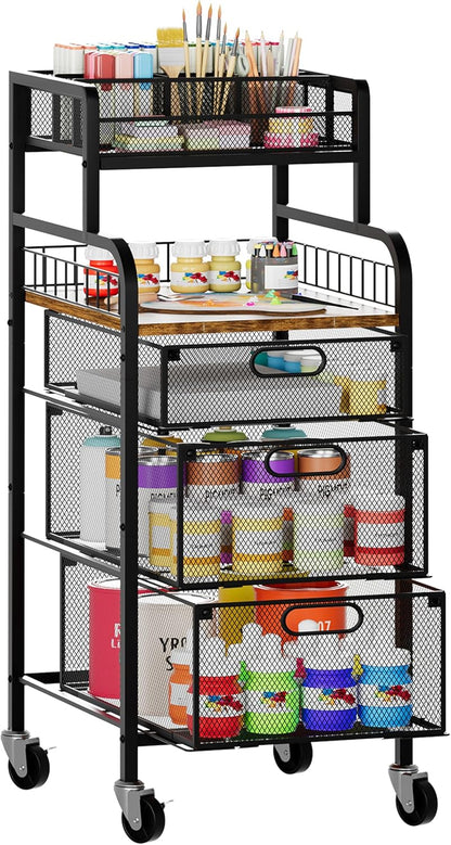 SWTYMIKI Rolling Cart with Drawers - Metal Utility Cart with Wood Shelf, DIY Divider and Locking Wheels, Craft & Art Cart Organizer for Under Desk Storage for Home Office Studio, Espresso