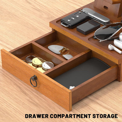 Wood Phone Docking Station with USB Ports and Outlets, Nightstand Organizer with Charging Station, Bedside Organizer with Drawer for Watch & Accessories, Christmas Anniversary Birthday Gifts for Men