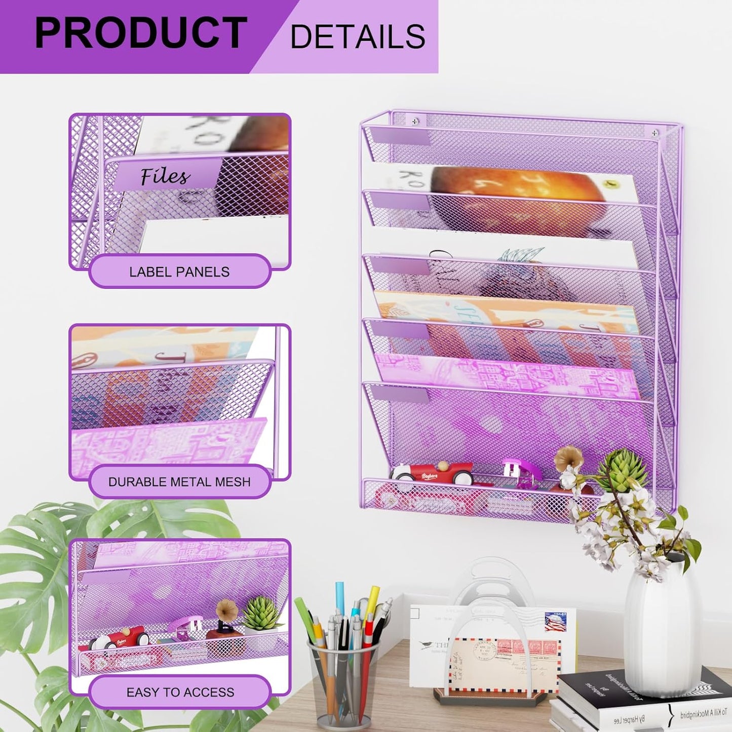 Wall File Organizer Holder Mesh Hanging Paper Document Holder,Vertical 6 Pocket Tier for Office Home, Black