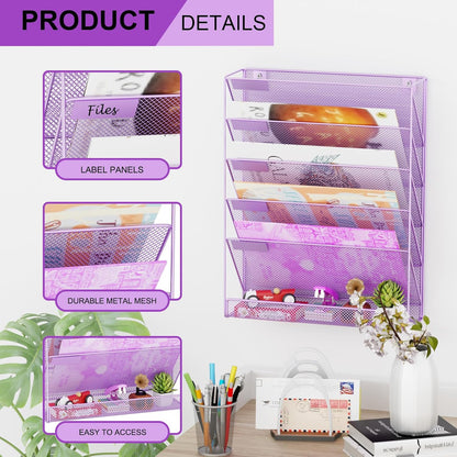 Wall File Organizer Holder Mesh Hanging Paper Document Holder,Vertical 6 Pocket Tier for Office Home, Black