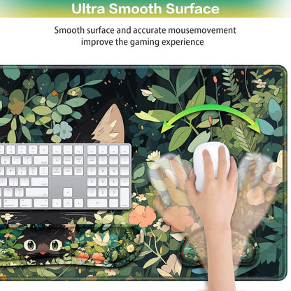 Desk Mat, Large Gaming Mouse Pad with Wrist Rest, 4in1 XXL Mousepad+Keyboard Wrist Rest+Mouse Pad Wrist Support+Cup Coaster Set Ergonomic Floral Computer Desk Arm Wrist for Decor Home Office Women