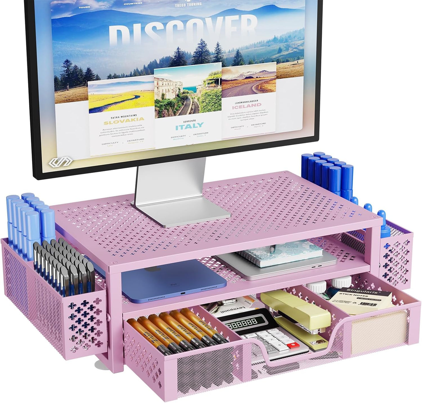 Simple Trending Desk Organizer and Accessories, 2 Tier Computer Metal Monitor Stand Riser with Drawer and Pen Holder for Laptop, Computer, iMac, Black