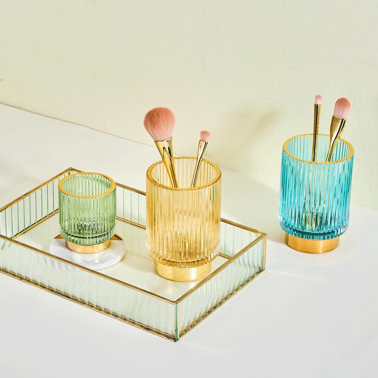 Makeup Brush Holder Organizer,Toothbrush Holders,Desk Pen Pencil Holder,Multifunctional Vintage Glass Brush Cup（L/Green/A3-6-US）