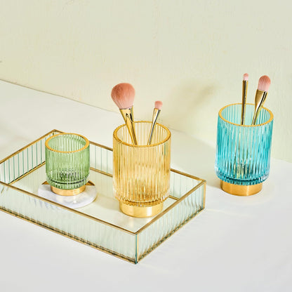 Makeup Brush Holder Organizer,Toothbrush Holders,Desk Pen Pencil Holder,Multifunctional Vintage Glass Brush Cup（L/Green/A3-6-US）