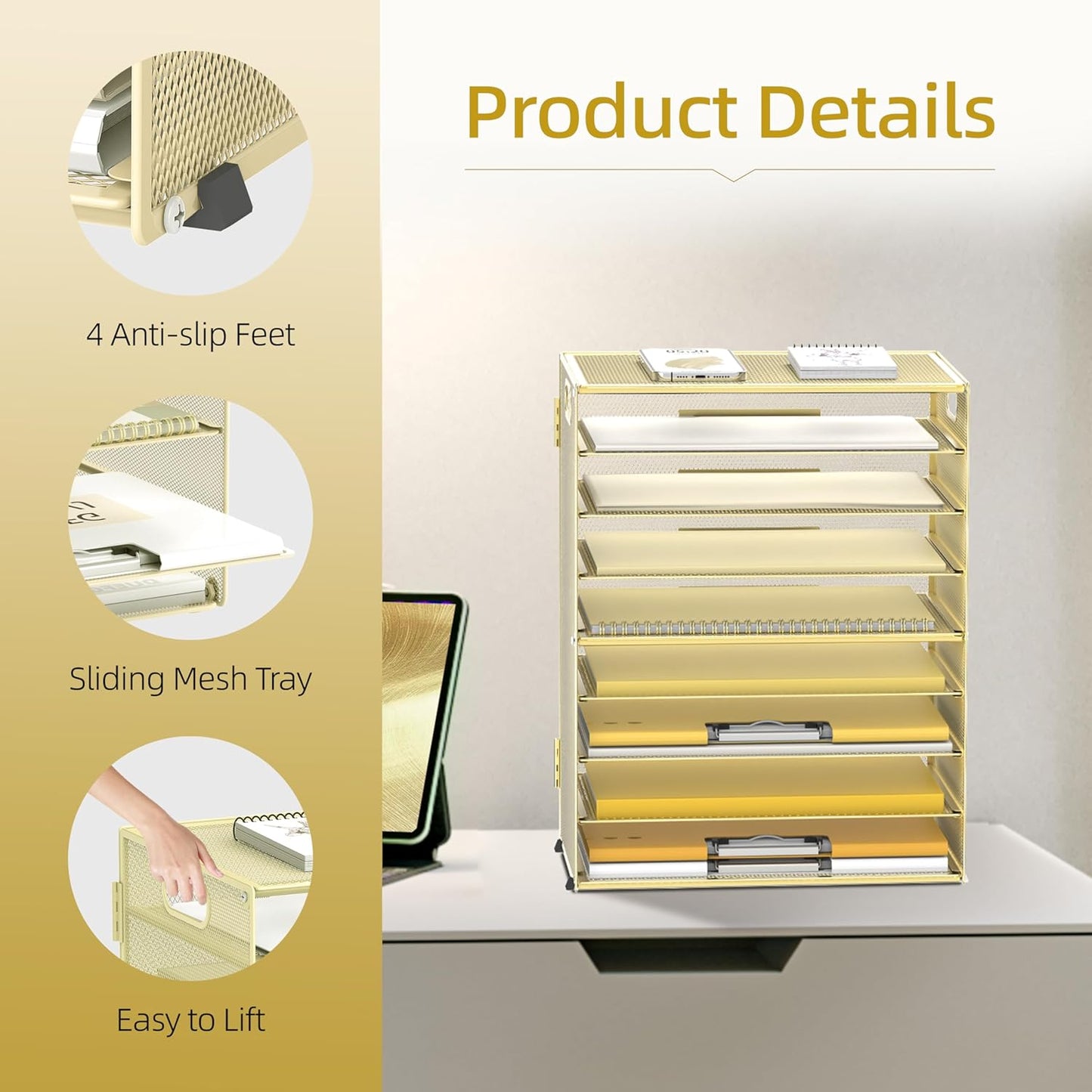 DALTACK 9-Tier Paper Organizer for Desk, Mesh Letter Tray Desk Organizer with Handles, Space-Saving File Organizer for Office Home School Classroom, Black