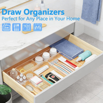 Clear Drawer Organizers Set of 13, 5-Size Vanity Organizer Trays, Stackable Bathroom & Desk Drawer Organizer for Makeup, Jewelry, Kitchen Utensils, Office Supplies and Small Gadgets Storage