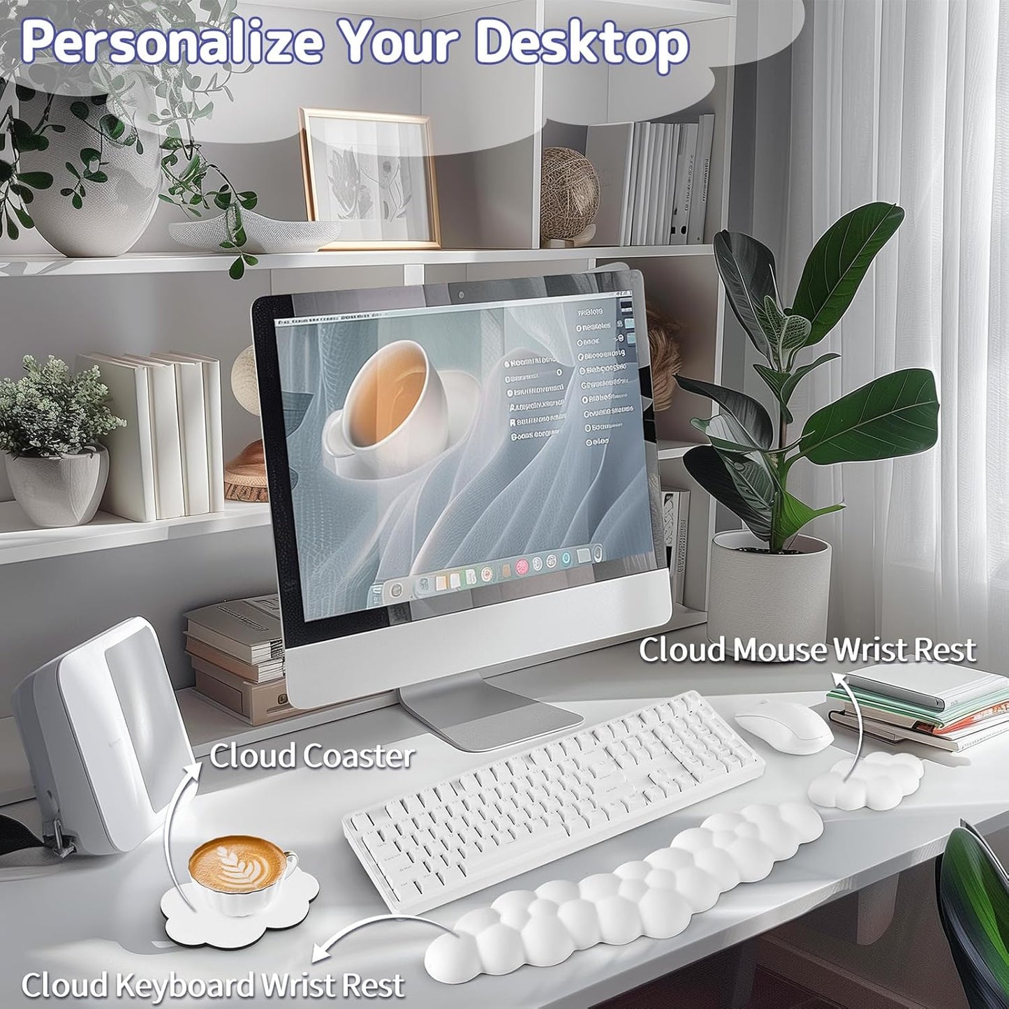 Sushret Cloud Wrist Rest for Keyboard and Mouse, Memory Foam PU Leather Keyboard Wrist Rest with Ergonomic Support, Non-Slip Base, Cute Arm Rest Pad & Palm Cushion, Office Desk Accessory, White