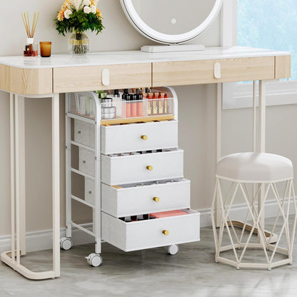 SWTYMIKI Rolling Makeup Organizer Cart - Under Desk Vanity Makeup Storage with 3 Non-woven Drawers, Nail Cart Organizer Cosmetic Display Cases Cabinet for Skin Care Perfume Nail Polish Brush Hair Tool