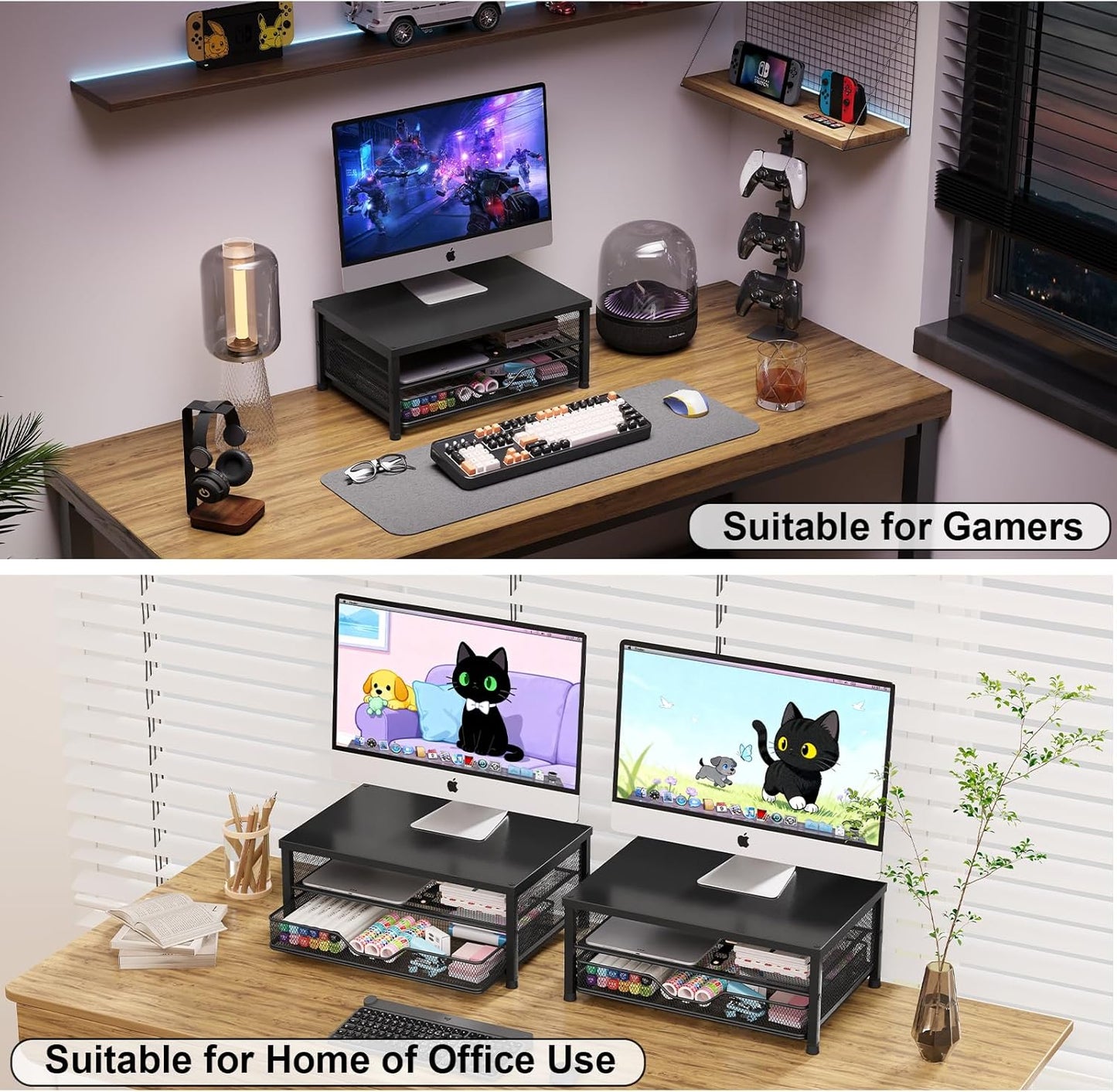 OPNICE Computer Monitor Stand Riser, Desk Organizer with Drawer, Printer & Laptop Stand, Office Desk Accessories & Workspace Desktop Organizers Storage for Office Supplies(Brown)