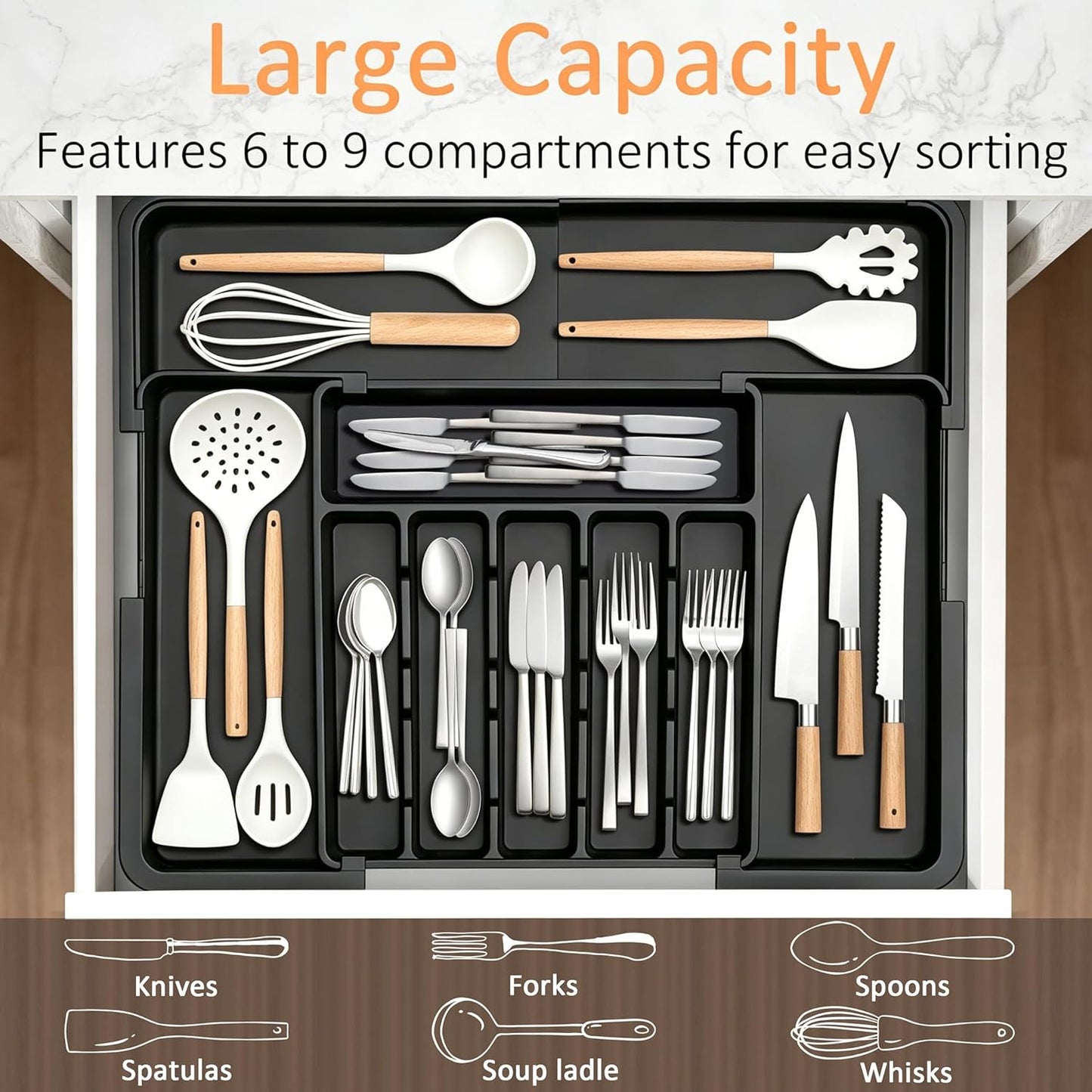 Spaclear Silverware Organizer Expandable Kitchen Utensil Drawer Organizer Large BPA Free Adjustable Cutlery Silverware Tray for Spoons Forks Knives Storage Divider for Kitchen Flatware 6-9 Slots Black