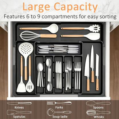 Spaclear Silverware Organizer Expandable Kitchen Utensil Drawer Organizer Large BPA Free Adjustable Cutlery Silverware Tray for Spoons Forks Knives Storage Divider for Kitchen Flatware 6-9 Slots Black