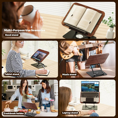 Abiglifty Book Stand for Reading,Adjustable Book Holder with 360° Rotating Base,Foldable Book Holder Stand for Cookbook,Textbook,Tablets, Laptops (Dark Wood)