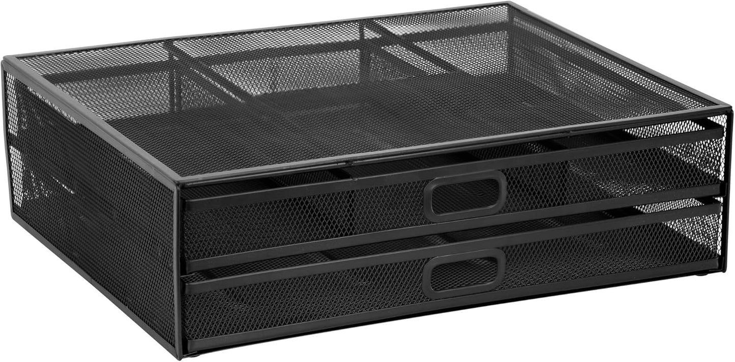 Mount-It! Mesh Computer Monitor Stand Riser [Metal] Desk Organizer with Two Pullout Storage Drawers for Desktop, Laptop, and Printer Accessories and Office Supplies (White)