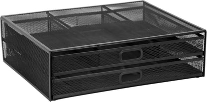 Mount-It! Mesh Computer Monitor Stand Riser [Metal] Desk Organizer with Two Pullout Storage Drawers for Desktop, Laptop, and Printer Accessories and Office Supplies (White)
