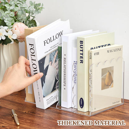 AmazingSpark Scalloped Acrylic Book Holder for Desk with 4 Vertical Compartments 11.22 x 7.28 x 6.5 Inches Clear Acrylic Magazine Organizer Storage Mail Sorter with Wave Edge Design for Office Home
