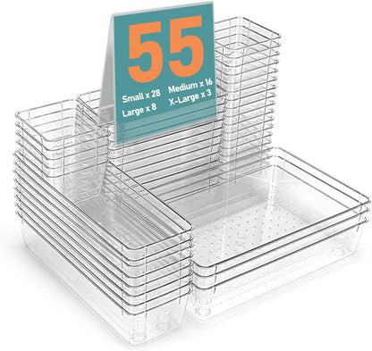 Clear Plastic Drawer Organizers Set of 45 Vanity trays Stackable Storage Bins Dividers Bathroom Organiser Storage Vanity Bins for Makeup, Kitchen Utensils, Jewelries, Office